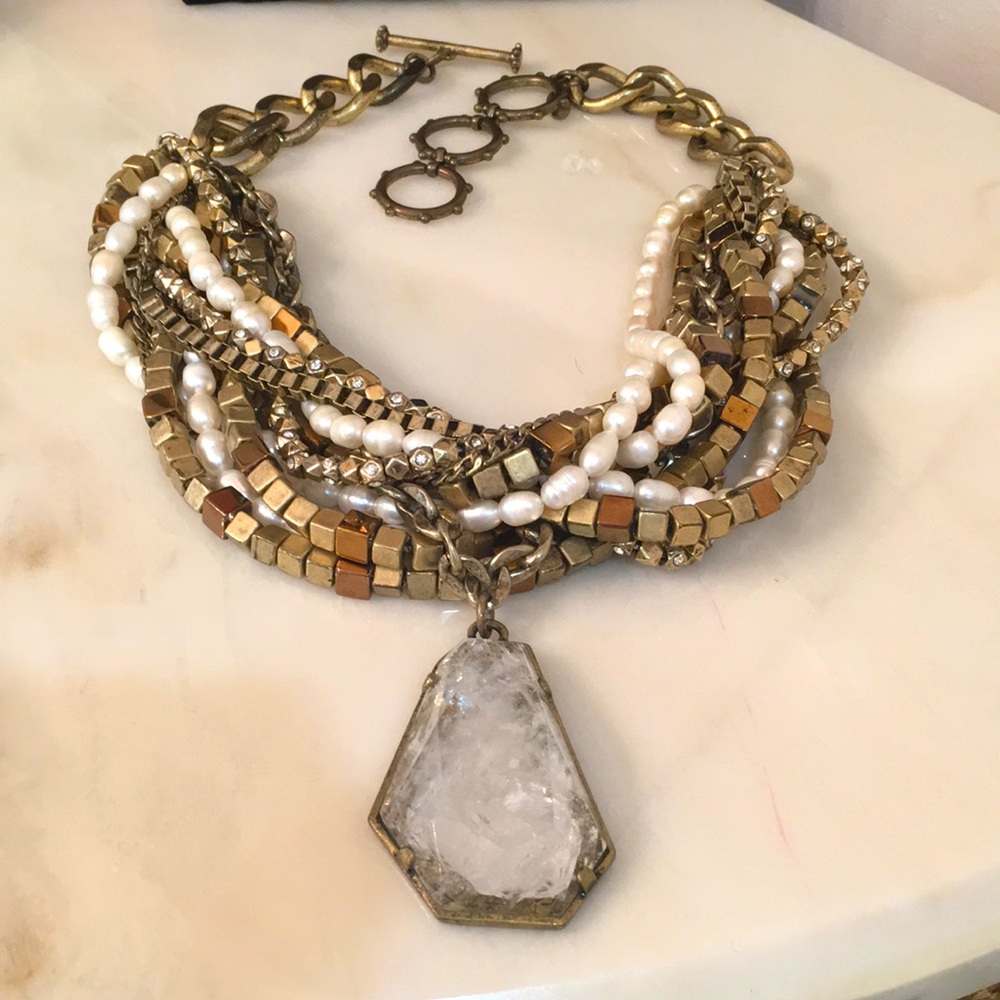 Ann Taylor Gold Tone Pearlized twist Statement Necklace with lucite pendant